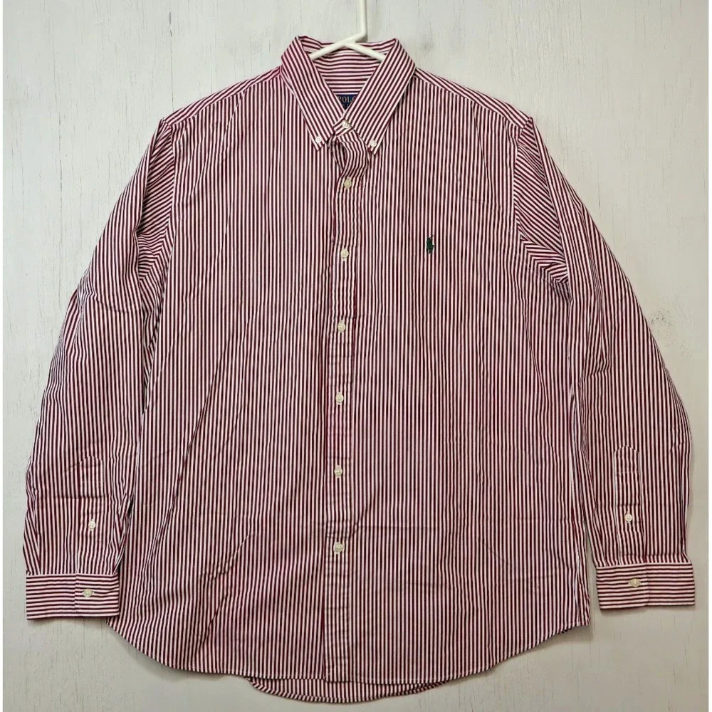 Polo Ralph Lauren Button Front Shirt Mens Size XL Red White Striped Classic OCBD